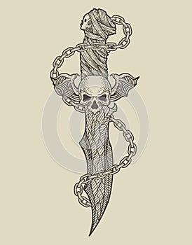 illustration demonic knife with chain on black background