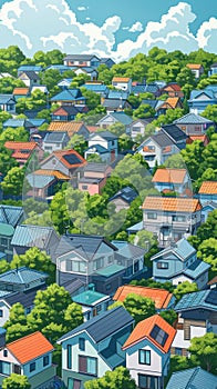 An illustration of a dense, hilly, residential neighborhood with houses of varying sizes and styles. The houses are mostly two or