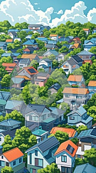 An illustration of a dense, hilly, residential neighborhood with houses of varying sizes and styles. The houses are mostly two or photo