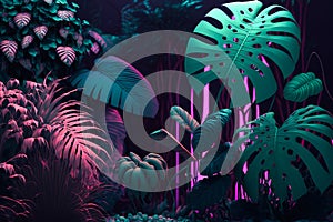 Illustration of a dense jungle with leaves and flowers in pastel colors illuminated by neon light