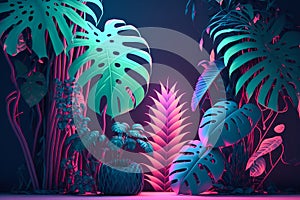 Illustration of a dense jungle with leaves and flowers in pastel colors illuminated by neon light