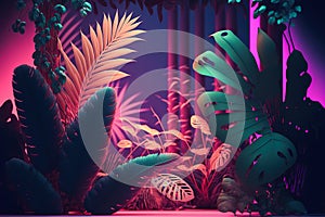 Illustration of a dense jungle with leaves and flowers in pastel colors illuminated by neon light