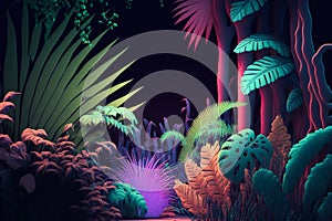 Illustration of a dense jungle with leaves and flowers in pastel colors illuminated by neon light