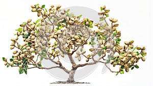 Illustration of a densely fruiting pistachio tree, branches laden with clusters of ripe, open pistachios, against a stark white