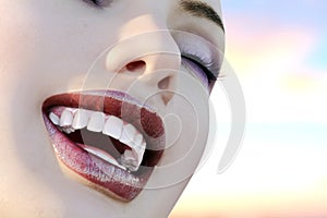 Illustration of dental care. Perfect teeth. Close-up of beautiful and healthy woman smile. 3d render