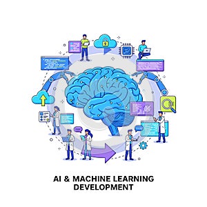 AI and Machine Learning Development Vector - Neural Network Brain, Robotics, and Data Analysis