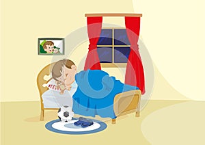 Illustration depicting a child sleeping peacefully in bed in her bedroom