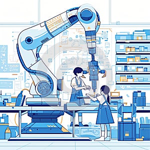 Children learning robotics and engineering in a high-tech educational workshop