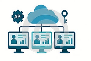 Illustration of cloud computing network with computers, api, and key isolated on white background