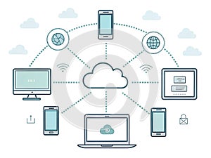 Cloud Computing Network Devices Internet Global Connection Data Sharing Technology Mobile Wireless