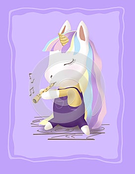 Illustration depicting a cute little unicorn playing the flute.