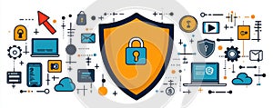 Illustration depicting cybersecurity shield surrounded by technology and security icons