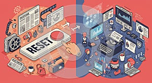 Illustration depicting the evolution of technology and communication. On the left,