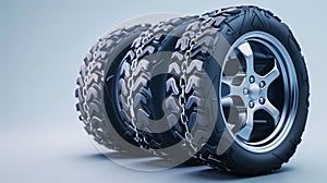 An illustration depicting the front and side views of car tires with snow chains, rubber tyres covered with