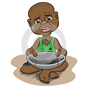 Illustration depicting a hungry needy child without food starving, afro descendant photo