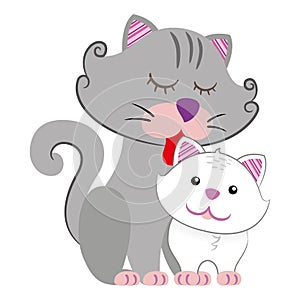 Illustration depicting a mother cat licking her puppy