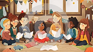 Illustration depicting a multicultural group of smiling refugee kids engaged in studies in a classroom