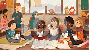 Illustration depicting a multicultural group of smiling refugee kids engaged in studies in a classroom