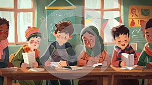 Illustration depicting a multicultural group of smiling refugee kids engaged in studies at a classroom desk
