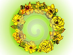 Illustration depicting roses. Spring-summer theme. A wreath of yellow flowers.