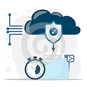 Secure cloud storage illustration with shield icon, file backup, and fast data protection concept.