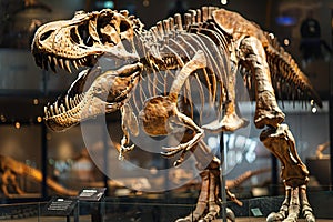 Depicting a t rex skeleton is on display in a museum, high quality, high resolution