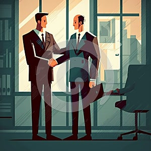 An illustration depicting two business professionals wearing suits, shaking hands in an office during a negotiation