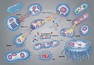 Illustration depicting various bacterial cell structures