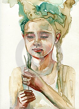 Illustration depicting a watercolor portrait of a staring woman photo