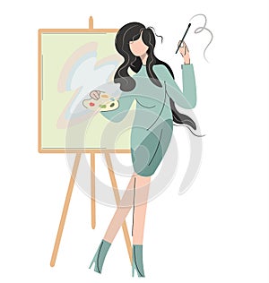 Illustration depicting a young elegant woman smoking while drawing. Young woman by the easel with paints and palette