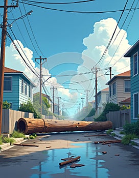 Illustration depicts aftermath of a storm with fallen tree blocking street. Houses, power lines and debris visible. photo