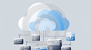 Cloud Computing Network Diagram with Servers and Upload Icon