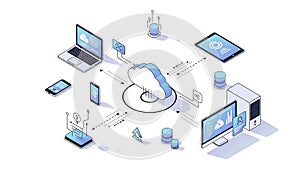 An illustration of cloud computing with various devices connected to a central cloud