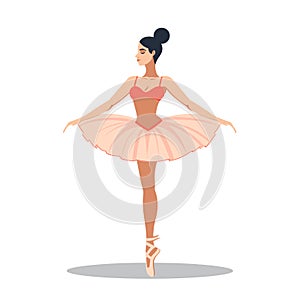 Illustration depicts female ballet dancer performing dance pose. Ballerina wearing pink tutu