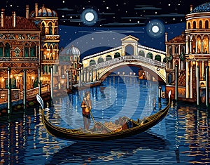Venice night scene with gondolier