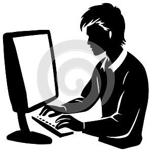 Silhouette of Man Working on Desktop Computer in Office Setting Vector Illustration