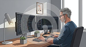 Software Developer Working on Code at Home Office