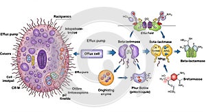 This illustration depicts a stylized bacterial cell with labeled components and