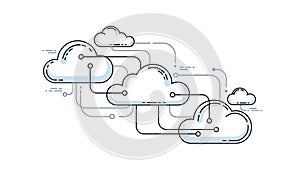 An illustration of interconnected cloud computing systems with lines and nodes