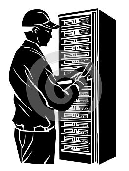 IT Technician Maintaining Server Room Network Vector Illustration