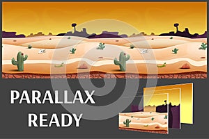 Illustration of a desert evening landscape ,with herbs, mountains and sky, vector unending background with separated layers.