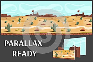 Illustration of a desert landscape ,with herbs, mountains and sky, vector unending background with separated layers.