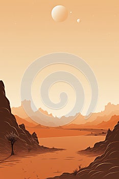 an illustration of a desert landscape with a lone tree in the middle