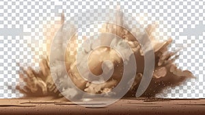 An illustration of a desert sandstorm, a brown dusty cloud or dry sand flying with a gust of wind, with a big explosion
