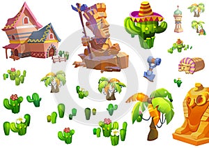 Illustration: Desert Theme Elements Design. Game Assets. The House, The Tree, The Cactus, The Stone Statue.