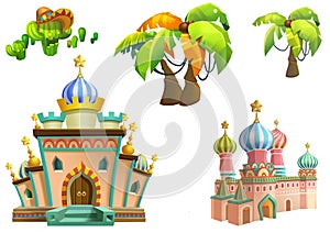 Illustration: Desert Theme Elements Design Set 3. Game Assets. The House, The Tree, The Cactus, The Stone Statue.