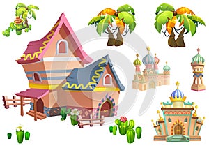 Illustration: Desert Theme Elements Design Set 2. Game Assets. The House, The Tree, The Cactus, The Stone Statue.