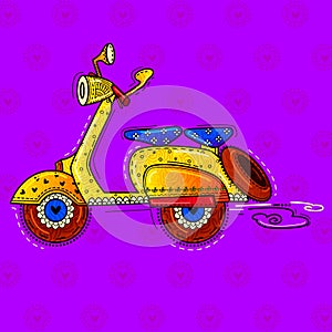 Illustration of desi indian art style retro scooter.