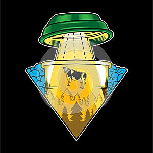 Illustration design alien coffee flying saucer abduction cow funny humor in flat cartoon style