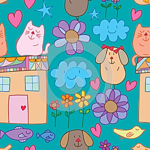 Cat dog fish bird flower house element seamless pattern